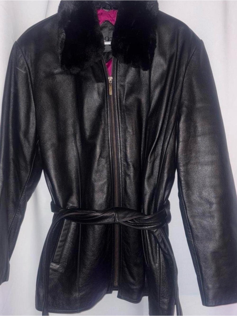 Women's Black Leather Belted Jacket with Faux Fur Collar